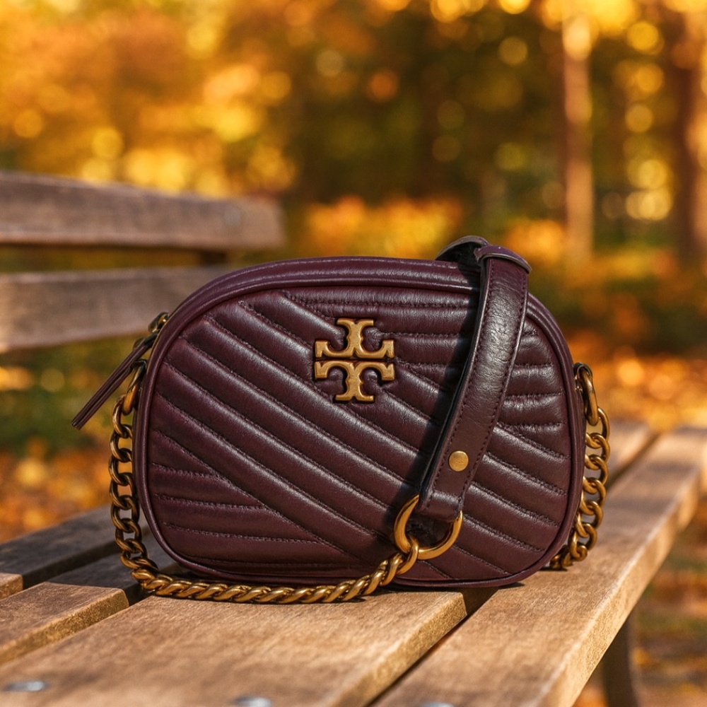 NEW Tory Burch Kira Chevron Fig Glazed Leather Small Camera Bag/Crossbody Bag